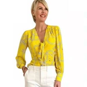 CAbi Yellow Puff Sleeve Blouse with Tie Front